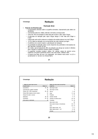 Climatologia                                 Radiação

                                           Radiação Solar
•    Padrão de Distribuição
       – É ligeiramente alterado sobr e a superfíci e terrestre, basicamente pelo efeito da
         atmosfera.
       – A atmos fera abs orve, r eflete, difunde e reirradi a a energia solar.
       – Cerca de 18% da ins olação é absor vida pel o oz ônio e pelo vapor d’ água.
       – A abs orção da radi ação pelo vapor d’água atinge o nível mais alto 0,9µm e
         2,1µm
       – A abs orção pelo oz ôni o absor ve a radiação ultr avioleta abai xo de nível 0,29µ m.
       – O CO2 absor ve radi ação com comprimento de onda maiores que 4µ m
       – A cobertura de nuvens impede a penetraç ão da insolaç ão
       – A quantidade da refl exão pelas nuvens depende da quanti dade e da es pessur as
         das mes mas e também do tipo.
       – Em média, aproxi madamente 25% da radiaç ão que ati nge as nuvens é refl etida
         para o es paç o a superfície também reflete a radiação
       – A superfície terrestre também reflete. Os valores varias de acordo coma
         superfície. Em geral s uperfícies s ecas e de c ores claras refl etem mais.
       – A maioria dos tipos de s olo e de vegetação tem al bedo muito baixo no UV e
         aumentando no visível e no i nfraver melho.


                                                          21




Climatologia                                 Radiação

  Albed o de vári os tipos nuve ns                         Albed o de vári os tipos de sup erfície
Tipo de nuv em                           Albed o %         Superfície                                Albed o %
Cumul iforme                                 70 – 90       Solo ne gro e seco                               14
Cumul onim bus: grades e es pessa                    92    Solo ne gro e úmi do                              8
Stratus (150 – 300 m esp essura)             59 – 84       Solo nu                                      7 – 20
Stratus 500m espess ura sobr e ocean o               64    Areia                                       17 – 25
Stratus fino sobre o oce ano                         42    Florestas                                    3 – 10
Altostratus                                  39 – 59       Campos n aturais                             3 – 15
Cirrostratus                                 44 – 50       Campos d e cultivos sec os                  20 – 25
Cirrus sobr e o contin ente                          36    Gramados                                    15 – 30
                                                           Neve recém-c aída                                80
                                                           Neve caída h á dias o u há seman as         50 – 70
                                                           Gelo                                        50 – 70
                                                           Água, altitud e solar > 40º                   2–4
                                                           Água, altitud e solar 5 – 3 0º               6 – 40
                                                           Cida des                                    14 – 18




                                                          22




                                                                                                                 11
 