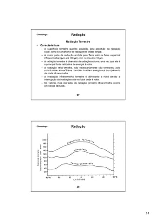 Climatologia                   Radiação

                           Radiação Terrestre
•   Características
     – A superfície terrestre quando aquecida pela absorção da radiação
       solar, torna-se uma f onte de radiação de ondas longas.
     – A maior parte da radiação emitida pela Terra está na f aixa espectral
       inf ravermelha (4µm até 100 µm) com no máximo 10 µm.
     – A radiação terrestre é chamada de radiação noturna, uma vez que ela é
       a principal fonte radioativa de energia à noite.
     – A radiação infrav ermelha, não necessariamente são terrestres, pois
       constituintes atmosf éricos também irradiam energia nos comprimento
       de onda inf ravermelha.
     – A irradiação infrav ermelha terrestre é dominante a noite dev ido a
       interrupção da irradiação solar no local onde é noite.
     – Os valores mais elev ados de radiação terrestre inf ravermelha ocorre
       em baixas latitudes.


                                    27




Climatologia                   Radiação




                                    28




                                                                               14
 