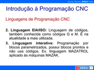 Introdução à Programação CNC Linguagens de Programação CNC 2. Linguagem EIA/ISO:  Linguagem de códigos, também conhecida como códigos G e M. É na atualidade a mais utilizada. 3. Linguagem interativa:  Programação por blocos parametrizados, possui blocos prontos e não usa códigos. Ex. linguagem MAZATROL aplicado às máquinas MAZAK. 