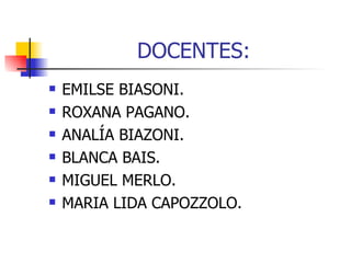 DOCENTES: EMILSE BIASONI. ROXANA PAGANO. ANALÍA BIAZONI. BLANCA BAIS. MIGUEL MERLO. MARIA LIDA CAPOZZOLO. 
