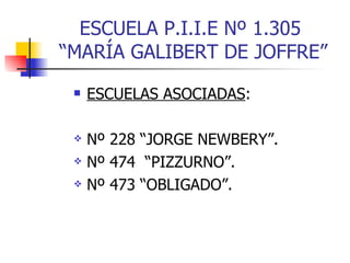ESCUELA P.I.I.E Nº 1.305  “MARÍA GALIBERT DE JOFFRE” ESCUELAS ASOCIADAS : Nº 228 “JORGE NEWBERY”. Nº 474  “PIZZURNO”. Nº 473 “OBLIGADO”. 