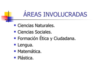 ÁREAS INVOLUCRADAS Ciencias Naturales. Ciencias Sociales. Formación Ética y Ciudadana. Lengua. Matemática. Plástica. 