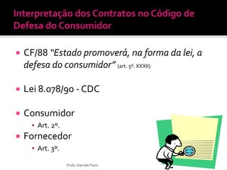  CF/88 “Estado promoverá, na forma da lei, a
defesa do consumidor” (art. 5º. XXXII)
 Lei 8.078/90 - CDC
 Consumidor
▪ Art. 2º.
 Fornecedor
▪ Art. 3º.
Profa. Daniele Pavin
 