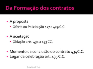  A proposta
 Oferta ou Policitação 427 a 429 C.C.
 A aceitação
 Oblação arts. 430 a 433 CC.
 Momento da conclusão do contrato 434C.C.
 Lugar da celebração art. 435 C.C.
Profa. Daniele Pavin
 