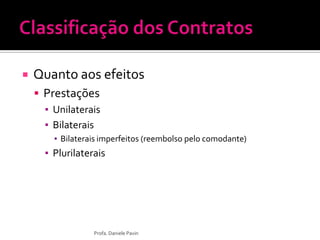  Quanto aos efeitos
 Prestações
▪ Unilaterais
▪ Bilaterais
▪ Bilaterais imperfeitos (reembolso pelo comodante)
▪ Plurilaterais
Profa. Daniele Pavin
 