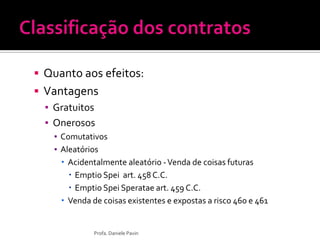  Quanto aos efeitos:
 Vantagens
▪ Gratuitos
▪ Onerosos
▪ Comutativos
▪ Aleatórios
 Acidentalmente aleatório -Venda de coisas futuras
 Emptio Spei art. 458 C.C.
 Emptio Spei Speratae art. 459 C.C.
 Venda de coisas existentes e expostas a risco 460 e 461
Profa. Daniele Pavin
 