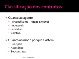  Quanto ao agente
 Personalíssimo – intuito personae
 Impessoais
 Individual
 Coletivo
 Quanto ao modo por que existem
 Principais
 Acessórios
 Subcontratos
Profa. Daniele Pavin
 