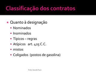  Quanto à designação
 Nominados
 Inominados
 Típicos – regras
 Atípicos art. 425 C.C.
 mistos
 Coligados (postos de gasolina)
Profa. Daniele Pavin
 