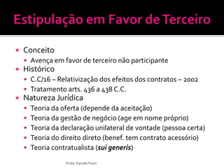  Conceito
 Avença em favor de terceiro não participante
 Histórico
 C.C/16 – Relativização dos efeitos dos contratos – 2002
 Tratamento arts. 436 a 438 C.C.
 Natureza Jurídica
 Teoria da oferta (depende da aceitação)
 Teoria da gestão de negócio (age em nome próprio)
 Teoria da declaração unilateral de vontade (pessoa certa)
 Teoria do direito direto (benef. tem contrato acessório)
 Teoria contratualista (sui generis)
Profa. Daniele Pavin
 