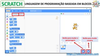 LINGUAGEM DE PROGRAMAÇÃO BASEADA EM BLOCOS
SCRATCH
Botão para mudar o
personagem
Botão para mudar
cenário
https://roboticatimon.com
 