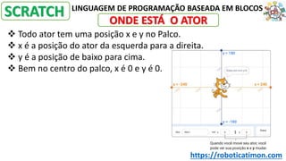 LINGUAGEM DE PROGRAMAÇÃO BASEADA EM BLOCOS
SCRATCH
❖ Todo ator tem uma posição x e y no Palco.
❖ x é a posição do ator da esquerda para a direita.
❖ y é a posição de baixo para cima.
❖ Bem no centro do palco, x é 0 e y é 0.
ONDE ESTÁ O ATOR
https://roboticatimon.com
 