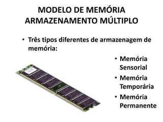 MODELO DE MEMÓRIA ARMAZENAMENTO MÚLTIPLOTrês tipos diferentes de armazenagem de memória: Memória SensorialMemória TemporáriaMemória Permanente