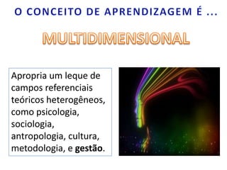 O CONCEITO DE APRENDIZAGEM É ...MULTIDIMENSIONALApropria um leque de campos referenciais teóricos heterogêneos, como psicologia, sociologia, antropologia, cultura, metodologia, e gestão. 