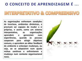 O CONCEITO DE APRENDIZAGEM É ...INTERPRETATIVO & COMPREENSIVOAs organizações enfrentam condições de incerteza, ambientes dinâmicos, e precisam ser capazes de mudar a si próprias, e assim, como um sistema interpretativo, as organizações aprendem e gerenciam suas experiências, quando as pessoas cooperam para atingir objetivos comuns, e aprendem ao obter feedback do ambiente e antecipar mudanças, ou seja, ao se adaptarem num ajuste mútuo contínuo e enfrentarem a mudança num contexto organizacional novo. 