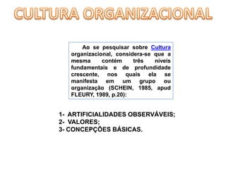 CULTURA ORGANIZACIONALAo se pesquisar sobre Cultura organizacional, considera-se que a mesma contém três níveis fundamentais e de profundidade crescente, nos quais ela se manifesta em um grupo ou organização (SCHEIN, 1985, apud FLEURY, 1989, p.20):1-  ARTIFICIALIDADES OBSERVÁVEIS;2-  VALORES;3- CONCEPÇÕES BÁSICAS.                      