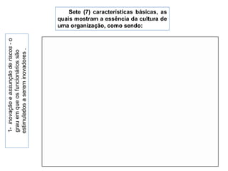 Sete (7) características básicas, as quais mostram a essência da cultura de uma organização, como sendo:1-  inovação e assunção de riscos - o grau em que os funcionários sãoestimulados a serem inovadores .