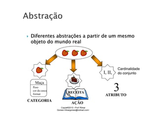 Diferentes abstrações a partir de um mesmo
 objeto do mundo real




                                       Cardinalidade
                              I, II,   do conjunto

   Maça
  Peso
  cor da casca
  format
                 RECEITA
                               ATRIBUTO
                                       3
CATEGORIA
                  AÇÃO
 