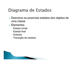 Descreve os possíveis estados dos objetos de
uma classe
Elementos
◦   Estado inicial
◦   Estado final
◦   Estados
◦   Transição de estados
 