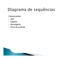 Componentes
  Ator
  Objetos
  Mensagens
  Foco de controle
 