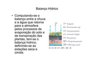 Balanço Hídrico

• Computando-se o
  balanço entre a chuva
  e a água que retorna
  para a atmosfera
  pelos processos de
  evaporação do solo e
  de transpiração das
  plantas, tem-se o
  balança hídrico,
  definindo-se as
  estações seca e
  úmida.
 