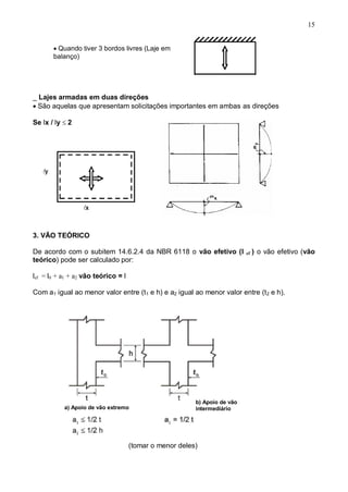 15
_ Lajes armadas em duas direções 
São aquelas que apresentam solicitações importantes em ambas as direções
Se lx / ly 2
3. VÃO TEÓRICO
De acordo com o subitem 14.6.2.4 da NBR 6118 o vão efetivo (l ef ) o vão efetivo (vão
teórico) pode ser calculado por:
lef = l0 + a1 + a2 vão teórico = l
Com a1 igual ao menor valor entre (t1 e h) e a2 igual ao menor valor entre (t2 e h).
(tomar o menor deles)
Quando tiver 3 bordos livres (Laje em
balanço)
a) Apoio de vão extremo
b) Apoio de vão
intermediário
 