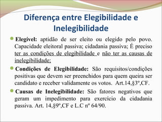 Diferença entre Elegibilidade e
             Inelegibilidade
Elegível: aptidão de ser eleito ou elegido pelo povo.
 Capacidade eleitoral passiva; cidadania passiva; É preciso
 ter as condições de elegibilidade e não ter as causas de
 inelegibilidade;
Condições de Elegibilidade: São requisitos/condições
 positivas que devem ser preenchidos para quem queira ser
 candidato e receber validamente os votos. Art.14,§3º,CF.
Causas de Inelegibilidade: São fatores negativos que
 geram um impedimento para exercício da cidadania
 passiva. Art. 14,§9º,CF e L.C nº 64/90.
 
