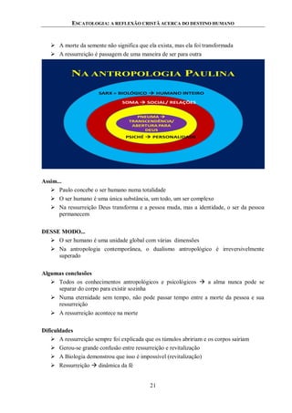 ESCATOLOGIA: A REFLEXÃO CRISTÃ ACERCA DO DESTINO HUMANO
21
 A morte da semente não significa que ela exista, mas ela foi transformada
 A ressurreição é passagem de uma maneira de ser para outra
NA ANTROPOLOGIA PAULINA
PNEUMA 
TRANSCENDÊNCIA/
ABERTURA PARA
DEUS
SARX = BIOLÓGICO  HUMANO INTEIRO
SOMA  SOCIAL/ RELAÇÕES
PSICHÉ  PERSONALIDADE
Assim...
 Paulo concebe o ser humano numa totalidade
 O ser humano é uma única substância, um todo, um ser complexo
 Na ressurreição Deus transforma e a pessoa muda, mas a identidade, o ser da pessoa
permanecem
DESSE MODO...
 O ser humano é uma unidade global com várias dimensões
 Na antropologia contemporânea, o dualismo antropológico é irreversivelmente
superado
Algumas conclusões
 Todos os conhecimentos antropológicos e psicológicos  a alma nunca pode se
separar do corpo para existir sozinha
 Numa eternidade sem tempo, não pode passar tempo entre a morte da pessoa e sua
ressurreição
 A ressurreição acontece na morte
Dificuldades
 A ressurreição sempre foi explicada que os túmulos abririam e os corpos sairiam
 Gerou-se grande confusão entre ressurreição e revitalização
 A Biologia demonstrou que isso é impossível (revitalização)
 Ressurreição  dinâmica da fé
 