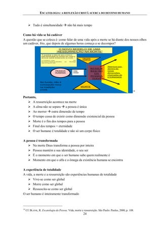 ESCATOLOGIA: A REFLEXÃO CRISTÃ ACERCA DO DESTINO HUMANO
24
 Tudo é simultaneidade  não há mais tempo
Como há vida se há cadáver
A questão que se coloca é: como falar de uma vida após a morte se há diante dos nossos olhos
um cadáver, frio, que depois de algumas horas começa a se decompor?
FIM DOS
TEMPOS
MORTE
PESSOA
HUMANA
Vida
vivida
“É aceitável a ideia de que a única e
total plenificação do homem em corpo e
alma se realize diretamente na morte...“
cf.:K.Rahner:,Ueber den
Zwischenzustand,em:Schriften zur Theologie
XII,(1975),p.455-469
O NOVO MODELO DE UMA
“RESSURREIÇÃO NA MORTE”
Abertura por
dentro de
novas
dimensões,
chamadas de
ETERNIDADE
RESSUR
REIÇÃO
DA
PESSOA
TODA
No fundo, não é
concepção nova
na tradição
cristã.
14
Portanto,
 A ressurreição acontece na morte
 A alma não se separa  a pessoa é única
 Ao morrer  outra dimensão de tempo
 O tempo cessa de existir como dimensão existencial da pessoa
 Morte é o fim dos tempos para a pessoa
 Final dos tempos = eternidade
 O ser humano é totalidade e não só um corpo físico
A pessoa é transformada
 Na morte Deus transforma a pessoa por inteira
 Pessoa mantém a sua identidade, o seu ser
 É o momento em que o ser humano sabe quem realmente é
 Momento em que o alfa e o ômega da existência humana se encontra
A experiência de totalidade
A vida, a morte e a ressurreição são experiências humanas de totalidade
 Vive-se como ser global
 Morre como ser global
 Ressuscita-se como ser global
O ser humano é inteiramente transformado
14
Cf. BLANK, R. Escatologia da Pessoa. Vida, morte e ressurreição. São Paulo: Paulus, 2000, p. 108.
 