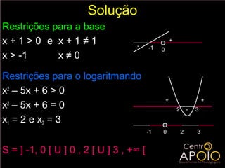 Solução
Restrições para a base
x+1>0 e x+1≠1                      -
                                                      +
                                         -1   0
x > -1      x≠0

Restrições para o logaritmando
x2 – 5x + 6 > 0
                                                  +                       +
x2 – 5x + 6 = 0                                           2       -   3

x1 = 2 e x2 = 3
                                         -1   0               2       3


S = ] -1, 0 [ U ] 0 , 2 [ U ] 3 , +∞ [
 