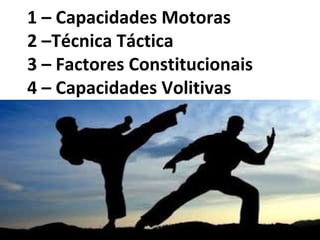 1 – Capacidades Motoras
2 –Técnica Táctica
3 – Factores Constitucionais
4 – Capacidades Volitivas
.
 