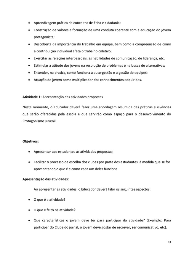Aulas de protagonismo juvenil ef | PDF