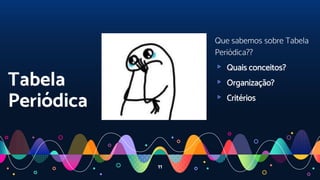 11
Tabela
Periódica
Que sabemos sobre Tabela
Periódica??
▹ Quais conceitos?
▹ Organização?
▹ Critérios
 