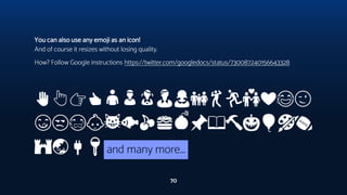 ✋👆👉👍👤👦👧👨👩👪💃🏃💑❤😂😉
😋😒😭👶😸🐟🍒🍔💣📌📖🔨🎃🎈🎨🏈
🏰🌏🔌🔑 and many more...
70
You can also use any emoji as an icon!
And of course it resizes without losing quality.
How? Follow Google instructions https://twitter.com/googledocs/status/730087240156643328
 