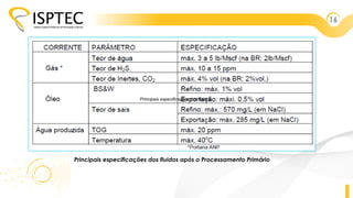 Principais especificações dos fluidos após o Processamento Primário
16
Principais especificações dos fluidos
 