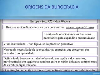 ORIGENS DA BUROCRACIA
Europa - Sec. XX (Max Weber)
Buscava racionalidade técnica para construir um sistema administrativo
Estrutura de relacionamentos humanos
necessários para expandir a produtividade

Visão institucional - não ligava-se ao processo produtivo
Nasceu da necessidade de se organizar as empresas que cresceram em
tamanho e complexidade
Definição de burocracia:trabalho baseado em papéis e documentos,
movimentados em seqüência contínua entre as várias unidades componentes
da estrutura organizacional
Organização burocrática: exercício do controle com base no conhecimento
TO-04
5

 
