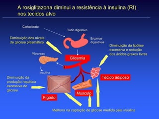 A rosiglitazona diminui a resistência à insulina (RI)
      nos tecidos alvo

         Carboidrato
                                           Tubo digestivo

 Diminuição dos níveis                                      Enzimas
 de glicose plasmática                                      digestivas
                                                                         Diminuição da lipólise
                                                                         excessiva e redução
               Pâncreas                                                  dos ácidos graxos livres
                                            Glicemia


                       Insulina
Diminuição da                                                       Tecido adiposo
produção hepática
excessiva de
glicose
                                                 Músculo
                         Fígado


                                  Melhora na captação de glicose medida pela insulina
 