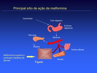 Principal sítio de ação da metformina


                  Carboidrato
                                           Tubo digestivo

                                                            Enzimas
                                                            digestivas


                        Pâncreas
                                             Glicemia



                                Insulina
                                                                    Tecido adiposo

Metformina suprime a
produção hepática de
                                                   Muscle
glicose
                                  Fígado
 