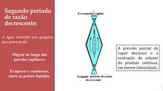 Segundo período
de razão
decrescente:
A água existente nos gargalos
dos poros pode:
• Migrar ao longo das
paredes capilares;
• Evaporar e condensar,
entre as pontes líquidas.
A pressão parcial de
vapor decresce e a
contração de volume
do produto continua,
em menor intensidade.
15
 
