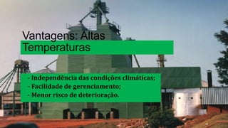 Vantagens: Altas
Temperaturas
- Independência das condições climáticas;
- Facilidade de gerenciamento;
- Menor risco de deterioração.
49
 