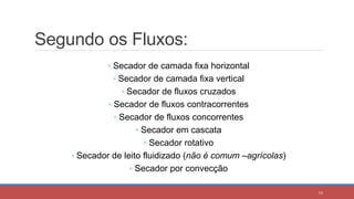 Segundo os Fluxos:
◦ Secador de camada fixa horizontal
◦ Secador de camada fixa vertical
◦ Secador de fluxos cruzados
◦ Secador de fluxos contracorrentes
◦ Secador de fluxos concorrentes
◦ Secador em cascata
◦ Secador rotativo
◦ Secador de leito fluidizado (não é comum –agrícolas)
◦ Secador por convecção
54
 