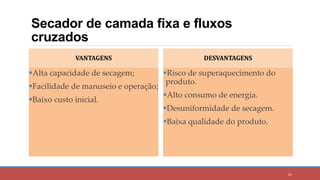 Secador de camada fixa e fluxos
cruzados
VANTAGENS
Alta capacidade de secagem;
Facilidade de manuseio e operação;
Baixo custo inicial.
DESVANTAGENS
Risco de superaquecimento do
produto.
Alto consumo de energia.
Desuniformidade de secagem.
Baixa qualidade do produto.
62
 