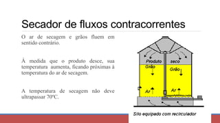 Secador de fluxos contracorrentes
63
O ar de secagem e grãos fluem em
sentido contrário.
À medida que o produto desce, sua
temperatura aumenta, ficando próximas à
temperatura do ar de secagem.
A temperatura de secagem não deve
ultrapassar 70ºC.
 