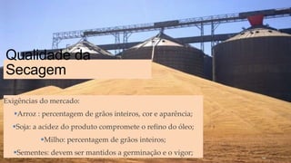 Qualidade da
Secagem
Exigências do mercado:
Arroz : percentagem de grãos inteiros, cor e aparência;
Soja: a acidez do produto compromete o refino do óleo;
Milho: percentagem de grãos inteiros;
Sementes: devem ser mantidos a germinação e o vigor;
90
 