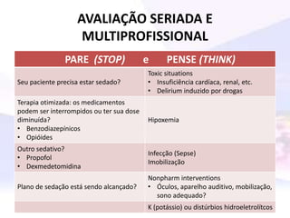 AVALIAÇÃO SERIADA E
MULTIPROFISSIONAL
PARE (STOP) e PENSE (THINK)
Seu paciente precisa estar sedado?
Toxic situations
• Insuficiência cardíaca, renal, etc.
• Delirium induzido por drogas
Terapia otimizada: os medicamentos
podem ser interrompidos ou ter sua dose
diminuída?
• Benzodiazepínicos
• Opióides
Hipoxemia
Outro sedativo?
• Propofol
• Dexmedetomidina
Infecção (Sepse)
Imobilização
Plano de sedação está sendo alcançado?
Nonpharm interventions
• Óculos, aparelho auditivo, mobilização,
sono adequado?
K (potássio) ou distúrbios hidroeletrolítcos
 