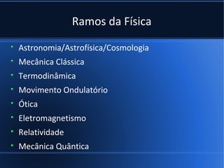 Ramos da Física

Astronomia/Astrofísica/Cosmologia
Mecânica Clássica
Termodinâmica
Movimento Ondulatório
Ótica
Eletromagnetismo
Relatividade
Mecânica Quântica
 