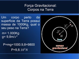 Força Gravitacional:
                Corpos na Terra

Um     corpo   perto   da
superfície da Terra possui
massa de 1000Kg, qual o
seu peso na Terra?




 P=mg=1000.9,8=9800
 