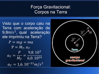 Força Gravitacional:
 Corpos na Terra
 