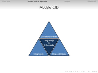 Vis˜o geral
   a          Modelo geral de seguranca
                                     ¸    Ataques   Referencias



                             Modelo CID
 