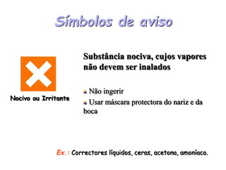 Substância nociva, cujos vapores
não devem ser inalados
Não ingerir
Usar máscara protectora do nariz e da
boca
Símbolos de aviso
Ex.: Correctores líquidos, ceras, acetona, amoníaco.
Nocivo ou Irritante
 