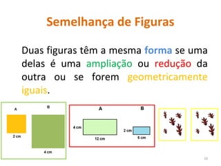 Semelhança de Figuras
10
Duas figuras têm a mesma forma se uma
delas é uma ampliação ou redução da
outra ou se forem geometricamente
iguais.
 